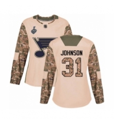 Women's St. Louis Blues #31 Chad Johnson Authentic Camo Veterans Day Practice 2019 Stanley Cup Final Bound Hockey Jersey