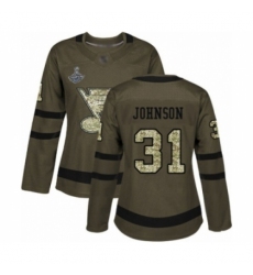 Women's St. Louis Blues #31 Chad Johnson Authentic Green Salute to Service 2019 Stanley Cup Champions Hockey Jersey