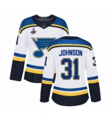 Women's St. Louis Blues #31 Chad Johnson Authentic White Away 2019 Stanley Cup Champions Hockey Jersey