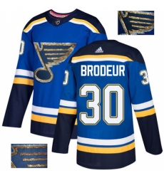 Men's Adidas St. Louis Blues #30 Martin Brodeur Authentic Royal Blue Fashion Gold NHL Jersey
