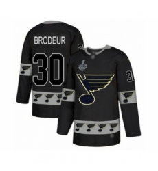 Men's St. Louis Blues #30 Martin Brodeur Authentic Black Team Logo Fashion 2019 Stanley Cup Final Bound Hockey Jersey