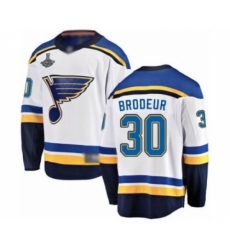 Men's St. Louis Blues #30 Martin Brodeur Fanatics Branded White Away Breakaway 2019 Stanley Cup Champions Hockey Jersey