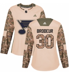 Women's Adidas St. Louis Blues #30 Martin Brodeur Authentic Camo Veterans Day Practice NHL Jersey