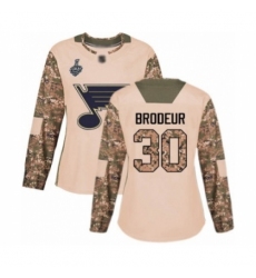 Women's St. Louis Blues #30 Martin Brodeur Authentic Camo Veterans Day Practice 2019 Stanley Cup Final Bound Hockey Jersey