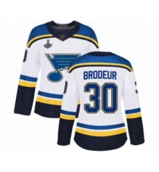 Women's St. Louis Blues #30 Martin Brodeur Authentic White Away 2019 Stanley Cup Champions Hockey Jersey