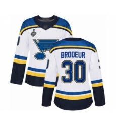 Women's St. Louis Blues #30 Martin Brodeur Authentic White Away 2019 Stanley Cup Final Bound Hockey Jersey