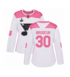 Women's St. Louis Blues #30 Martin Brodeur Authentic White Pink Fashion 2019 Stanley Cup Champions Hockey Jersey