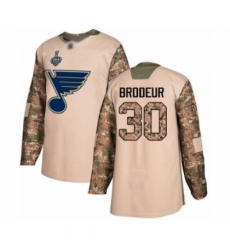 Youth St. Louis Blues #30 Martin Brodeur Authentic Camo Veterans Day Practice 2019 Stanley Cup Final Bound Hockey Jersey