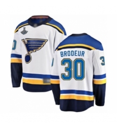 Youth St. Louis Blues #30 Martin Brodeur Fanatics Branded White Away Breakaway 2019 Stanley Cup Champions Hockey Jersey