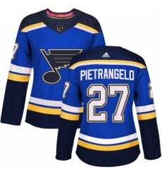 Women's Adidas St. Louis Blues #27 Alex Pietrangelo Authentic Royal Blue Home NHL Jersey