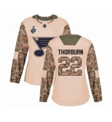 Women's St. Louis Blues #22 Chris Thorburn Authentic Camo Veterans Day Practice 2019 Stanley Cup Final Bound Hockey Jersey