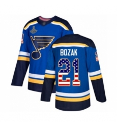 Men's St. Louis Blues #21 Tyler Bozak Authentic Blue USA Flag Fashion 2019 Stanley Cup Champions Hockey Jersey