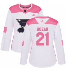 Women's Adidas St. Louis Blues #21 Tyler Bozak Authentic White Pink Fashion NHL Jersey