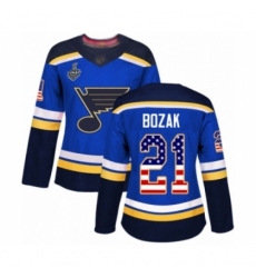 Women's St. Louis Blues #21 Tyler Bozak Authentic Blue USA Flag Fashion 2019 Stanley Cup Final Bound Hockey Jersey