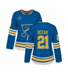 Women's St. Louis Blues #21 Tyler Bozak Authentic Navy Blue Alternate 2019 Stanley Cup Champions Hockey Jersey