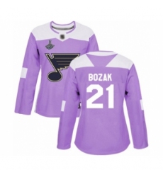 Women's St. Louis Blues #21 Tyler Bozak Authentic Purple Fights Cancer Practice 2019 Stanley Cup Champions Hockey Jersey