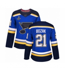 Women's St. Louis Blues #21 Tyler Bozak Authentic Royal Blue Home 2019 Stanley Cup Champions Hockey Jersey