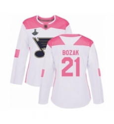 Women's St. Louis Blues #21 Tyler Bozak Authentic White Pink Fashion 2019 Stanley Cup Champions Hockey Jersey