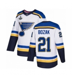 Youth St. Louis Blues #21 Tyler Bozak Authentic White Away 2019 Stanley Cup Champions Hockey Jersey