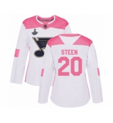 Women's St. Louis Blues #20 Alexander Steen Authentic White Pink Fashion 2019 Stanley Cup Champions Hockey Jersey