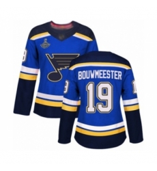 Women's St. Louis Blues #19 Jay Bouwmeester Authentic Royal Blue Home 2019 Stanley Cup Champions Hockey Jersey