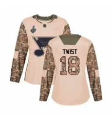 Women's St. Louis Blues #18 Tony Twist Authentic Camo Veterans Day Practice 2019 Stanley Cup Final Bound Hockey Jersey