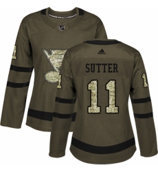 Women's Adidas St. Louis Blues #11 Brian Sutter Authentic Green Salute to Service NHL Jersey
