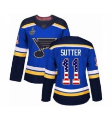 Women's St. Louis Blues #11 Brian Sutter Authentic Blue USA Flag Fashion 2019 Stanley Cup Final Bound Hockey Jersey