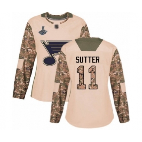 Women's St. Louis Blues #11 Brian Sutter Authentic Camo Veterans Day Practice 2019 Stanley Cup Champions Hockey Jersey Women's St. Louis Blues #11 Brian Sutter Authentic Camo Veterans Day Practice 2019 Stanley Cup Champions Hockey Jersey