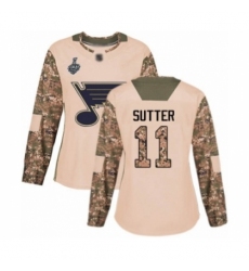 Women's St. Louis Blues #11 Brian Sutter Authentic Camo Veterans Day Practice 2019 Stanley Cup Final Bound Hockey Jersey