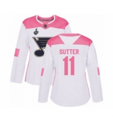 Women's St. Louis Blues #11 Brian Sutter Authentic White Pink Fashion 2019 Stanley Cup Final Bound Hockey Jersey