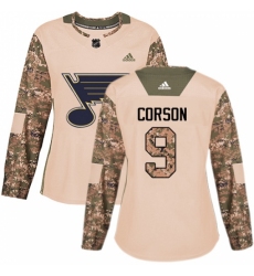 Women's Adidas St. Louis Blues #9 Shayne Corson Authentic Camo Veterans Day Practice NHL Jersey