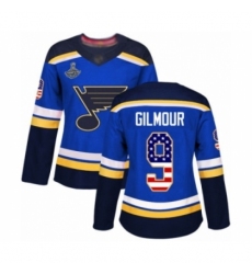 Women's St. Louis Blues #9 Doug Gilmour Authentic Blue USA Flag Fashion 2019 Stanley Cup Champions Hockey Jersey