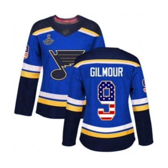 Women's St. Louis Blues #9 Doug Gilmour Authentic Blue USA Flag Fashion 2019 Stanley Cup Champions Hockey Jersey Women's St. Louis Blues #9 Doug Gilmour Authentic Blue USA Flag Fashion 2019 Stanley Cup Champions Hockey Jersey