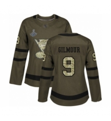 Women's St. Louis Blues #9 Doug Gilmour Authentic Green Salute to Service 2019 Stanley Cup Champions Hockey Jersey