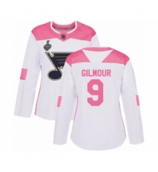 Women's St. Louis Blues #9 Doug Gilmour Authentic White Pink Fashion 2019 Stanley Cup Final Bound Hockey Jersey