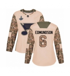 Women's St. Louis Blues #6 Joel Edmundson Authentic Camo Veterans Day Practice 2019 Stanley Cup Champions Hockey Jersey