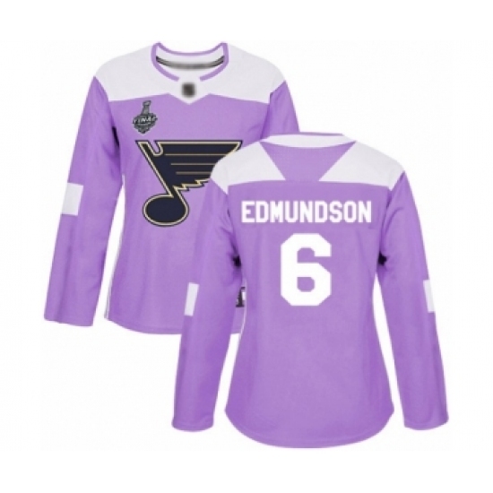 Women's St. Louis Blues #6 Joel Edmundson Authentic Purple Fights Cancer Practice 2019 Stanley Cup Final Bound Hockey Jersey Women's St. Louis Blues #6 Joel Edmundson Authentic Purple Fights Cancer Practice 2019 Stanley Cup Final Bound Hockey Jersey