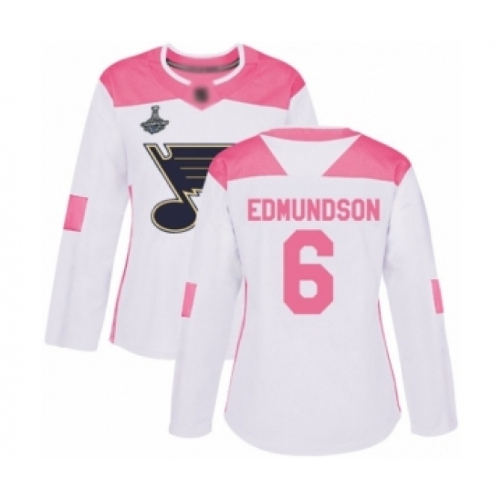 Women's St. Louis Blues #6 Joel Edmundson Authentic Whit Pink Fashion 2019 Stanley Cup Champions Hockey Jersey Women's St. Louis Blues #6 Joel Edmundson Authentic Whit Pink Fashion 2019 Stanley Cup Champions Hockey Jersey
