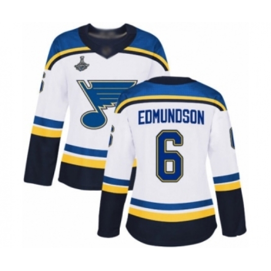 Women's St. Louis Blues #6 Joel Edmundson Authentic White Away 2019 Stanley Cup Champions Hockey Jersey Women's St. Louis Blues #6 Joel Edmundson Authentic White Away 2019 Stanley Cup Champions Hockey Jersey