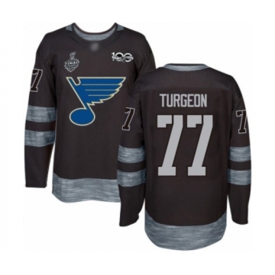 Men's St. Louis Blues #77 Pierre Turgeon Authentic Black 1917-2017 100th Anniversary 2019 Stanley Cup Final Bound Hockey Jersey Men's St. Louis Blues #77 Pierre Turgeon Authentic Black 1917-2017 100th Anniversary 2019 Stanley Cup Final Bound Hockey Jersey