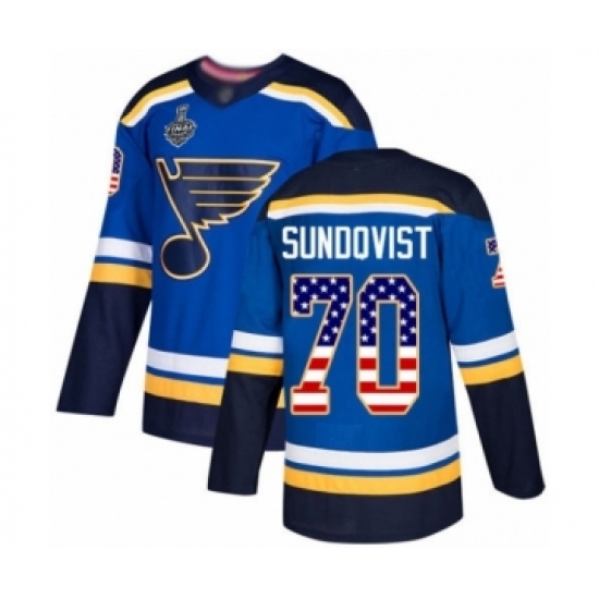 Men's St. Louis Blues #70 Oskar Sundqvist Authentic Blue USA Flag Fashion 2019 Stanley Cup Final Bound Hockey Jersey Men's St. Louis Blues #70 Oskar Sundqvist Authentic Blue USA Flag Fashion 2019 Stanley Cup Final Bound Hockey Jersey