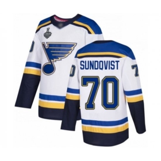 Men's St. Louis Blues #70 Oskar Sundqvist Authentic White Away 2019 Stanley Cup Final Bound Hockey Jersey Men's St. Louis Blues #70 Oskar Sundqvist Authentic White Away 2019 Stanley Cup Final Bound Hockey Jersey