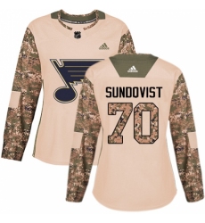 Women's Adidas St. Louis Blues #70 Oskar Sundqvist Authentic Camo Veterans Day Practice NHL Jersey