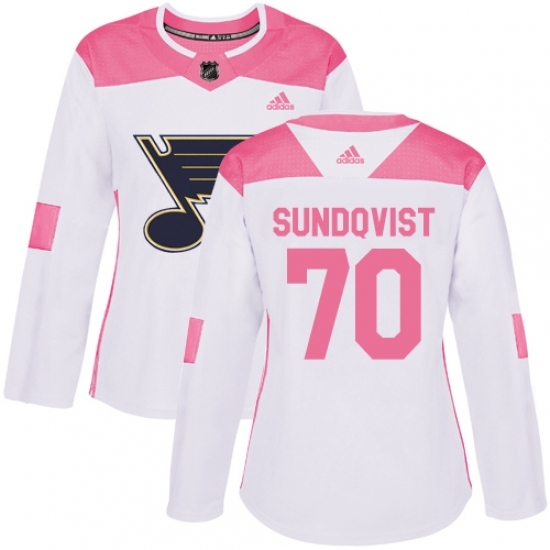 Women's Adidas St. Louis Blues #70 Oskar Sundqvist Authentic White/Pink Fashion NHL Jersey Women's Adidas St. Louis Blues #70 Oskar Sundqvist Authentic White/Pink Fashion NHL Jersey