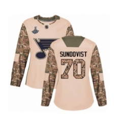 Women's St. Louis Blues #70 Oskar Sundqvist Authentic Camo Veterans Day Practice 2019 Stanley Cup Champions Hockey Jersey