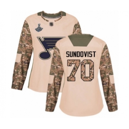 Women's St. Louis Blues #70 Oskar Sundqvist Authentic Camo Veterans Day Practice 2019 Stanley Cup Champions Hockey Jersey Women's St. Louis Blues #70 Oskar Sundqvist Authentic Camo Veterans Day Practice 2019 Stanley Cup Champions Hockey Jersey