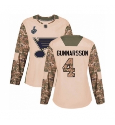 Women's St. Louis Blues #4 Carl Gunnarsson Authentic Camo Veterans Day Practice 2019 Stanley Cup Final Bound Hockey Jersey