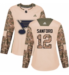 Women's Adidas St. Louis Blues #12 Zach Sanford Authentic Camo Veterans Day Practice NHL Jersey