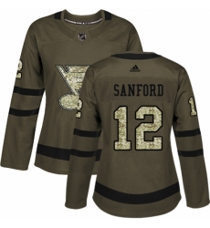 Women's Adidas St. Louis Blues #12 Zach Sanford Authentic Green Salute to Service NHL Jersey